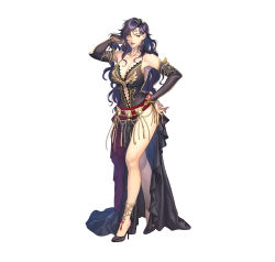 Rule 34 | 1girl, absurdres, bare shoulders, belt, black dress, black footwear, black hair, breasts, circlet, cleavage, closed mouth, collarbone, commentary request, dress, earrings, fingernails, fire emblem, fire emblem: the blazing blade, fire emblem heroes, full body, hand on own hip, hand up, high heels, highres, jewelry, large breasts, lipstick, long hair, looking at viewer, makeup, nintendo, official art, pale skin, side slit, simple background, smile, solo, sonia (fire emblem: the blazing blade), standing, thighs, white background, yellow eyes, yoneko okome