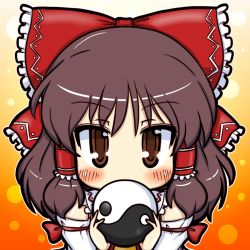 Rule 34 | 1girl, ascot, ball, blush, bow, brown eyes, brown hair, covering face, covering own mouth, covering privates, detached sleeves, eruru (erl), female focus, hair bow, hair tubes, hakurei reimu, highres, holding, japanese clothes, miko, solo, touhou, yin yang
