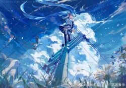 Rule 34 | 1girl, bird, blue hair, cloud, cloudy sky, from below, hatsune miku, jiatu, long hair, sky, standing, thighhighs, twintails, very long hair, vocaloid, weibo watermark