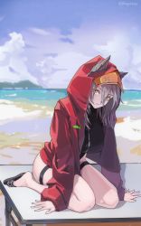 Rule 34 | 1girl, absurdres, animal ears, arknights, backingbutterfly, beach, black footwear, black one-piece swimsuit, chinese commentary, commentary request, grey hair, highres, hood, hood up, hooded jacket, jacket, long sleeves, looking at viewer, official alternate costume, on table, one-piece swimsuit, open clothes, open jacket, outdoors, projekt red (arknights), projekt red (light breeze) (arknights), red jacket, short hair, sidelocks, sitting, solo, swimsuit, table, tail, thigh strap, wariza, wolf ears, wolf girl, wolf tail, yellow eyes