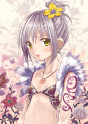 Rule 34 | flat chest, flower, gaou (umaiyo puyoman), hair flower, hair ornament, jewelry, lips, necklace, solo, tattoo, yellow eyes