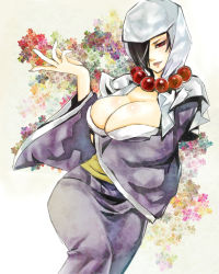 Rule 34 | 1girl, aura, beads, black hair, breast hold, breasts, cleavage, floral background, hair over one eye, hood, japanese clothes, jewelry, large breasts, necklace, ookami (game), parted lips, prayer beads, rao, solo, tsuzurao, umeharu