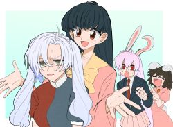 Rule 34 | 4girls, ahoge, alternate hairstyle, animal ears, black hair, black jacket, blouse, blue background, border, bow, bowtie, breasts, brown eyes, brown hair, buttons, carrot necklace, collared jacket, collared shirt, commentary request, dress, grey dress, grey hair, hair between eyes, hand on own stomach, hand up, hands up, highres, houraisan kaguya, inaba tewi, jacket, jewelry, laughing, light purple hair, long hair, long sleeves, looking at another, looking down, medium breasts, multicolored clothes, multicolored dress, multiple girls, necklace, necktie, open clothes, open jacket, open mouth, outside border, pink dress, pink shirt, pink skirt, pointing, puffy short sleeves, puffy sleeves, purple hair, rabbit ears, rabbit tail, red dress, red eyes, red necktie, reisen udongein inaba, shirt, short hair, short sleeves, simple background, sitting, skirt, smile, standing, staygold, sweat, sweatdrop, tail, tears, touhou, twintails, v-shaped eyebrows, white border, white shirt, wide sleeves, yagokoro eirin, yellow bow, yellow bowtie