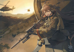 Rule 34 | 1girl, 2023, aircraft, battle rifle, bipod, black jacket, black skirt, body armor, brown eyes, brown hair, bulletproof vest, commentary, commission, english commentary, girls&#039; frontline, gloves, gun, gun sling, headset, helicopter, highres, hiroki ree, holding, holding gun, holding weapon, jacket, knee pads, long hair, long sleeves, looking to the side, m14, m14 (girls&#039; frontline), m14 (mod3) (girls&#039; frontline), magazine (weapon), mk 14 ebr, open mouth, bulletproof vest, pleated skirt, rifle, scope, skirt, solo, suppressor, tactical clothes, twintails, weapon, wide sleeves