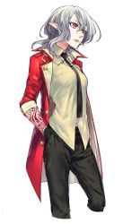 Rule 34 | 1girl, aged up, alternate costume, arm tattoo, black necktie, black pants, cigarette, coat, collared shirt, cropped legs, grey hair, highres, medium hair, mouth hold, necktie, open clothes, open coat, pants, pointy ears, red coat, red eyes, remilia scarlet, shirt, shukusuri, simple background, slit pupils, smoking, solo, standing, tattoo, touhou, white background, wing collar, yellow shirt
