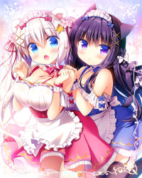 Rule 34 | 2girls, :&lt;, :o, animal ears, apron, bare shoulders, bear ears, black hair, black legwear, blue bow, blue dress, blue eyes, blush, bow, braid, breasts, cat ears, cat girl, cat tail, cleavage, closed mouth, collarbone, commentary request, detached collar, dress, fingernails, flower, frilled apron, frills, garter straps, hair between eyes, hair bow, hair flower, hair ornament, hair ribbon, hands on another&#039;s shoulder, hands up, head tilt, heart, large breasts, long hair, looking at viewer, maid, maid headdress, medium breasts, multiple girls, open mouth, original, pink dress, pink flower, pleated dress, purple eyes, red neckwear, red ribbon, ribbon, sasai saji, side ponytail, sidelocks, silver hair, tail, thighhighs, very long hair, waist apron, white apron, white bow, white legwear, x hair ornament