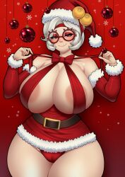 Rule 34 | 1girl, absurdres, areola slip, blush, breasts, cameltoe, christmas, christmas ornaments, cleft of venus, curvy, detached sleeves, eyeshadow, female focus, glasses, hat, heart, heart-shaped pupils, highres, huge breasts, looking at viewer, makeup, nikowhith, nintendo, purah, red eyes, ribbon, santa hat, short hair, snowflakes, solo, symbol-shaped pupils, the legend of zelda, the legend of zelda: tears of the kingdom, thick thighs, thighs, white hair, wide hips