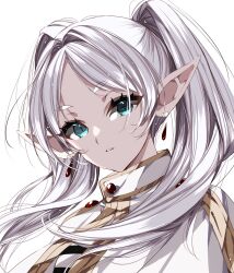 Rule 34 | 1girl, capelet, earrings, frieren, gold trim, green eyes, hair intakes, highres, jewelry, light particles, long hair, looking at viewer, misteor, pale skin, pointy ears, portrait, simple background, solo, sousou no frieren, thick eyelashes, twintails, white background, white capelet, white hair