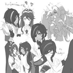 Rule 34 | 1boy, 1girl, anger vein, annoyed, character name, earrings, eye contact, eyepatch, closed eyes, face-to-face, genshin impact, gloves, greyscale, holding hands, kissing hand, heart, hetero, highres, interlocked fingers, jewelry, kaeya (genshin impact), kiss, long hair, looking at another, low ponytail, monochrome, rosaria (genshin impact), smile, vihoreva-dasha
