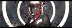 Rule 34 | 1girl, @ @, black necktie, blood, chainsaw man, cloud, cloudy sky, copyright name, film grain, grey sky, highres, letterboxed, long hair, necktie, otsumami (bu-bu-heaven), parted lips, red hair, ringed eyes, sky, solo, upper body, yellow eyes
