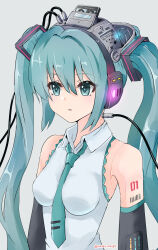 1girl absurdres android aqua_eyes aqua_hair aqua_necktie bare_shoulders black_sleeves cable collared_shirt commentary detached_sleeves grey_background hair_ornament hatsune_miku headphones highres joints long_hair long_sleeves mechabare miku_day necktie number_tattoo parted_lips rasen_manga robot_joints shirt shoulder_tattoo sidelocks simple_background sleeveless sleeveless_shirt solo subdermal_port tattoo twintails twitter_username upper_body very_long_hair vocaloid white_shirt