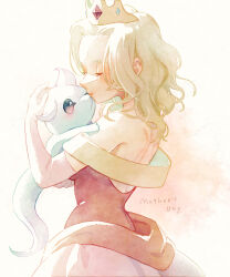 Rule 34 | 1girl, bare back, blonde hair, blush, closed eyes, crown, dress, elbow gloves, eyelashes, faux traditional media, forehead, from side, giegue, gloves, highres, holding baby, kiss, long hair, mother&#039;s day, mother (game), mother 1, nintendo, pink dress, queen mary, shifumame, white gloves