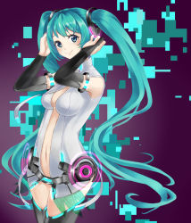 Rule 34 | 1girl, blue eyes, bridal gauntlets, center opening, green hair, hatsune miku, hatsune miku (append), highres, long hair, navel, ruisento, smile, solo, thighhighs, twintails, very long hair, vocaloid, vocaloid append