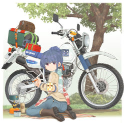 Rule 34 | 1girl, backpacking stove, blue hair, boots, commentary request, cup, denim, eyes visible through hair, hair bun, highres, holding, jeans, kneeling, mikeran (mikelan), motor vehicle, motorcycle, pants, portable stove, scarf, shima rin, single hair bun, solo, suzuki, tree, yurucamp