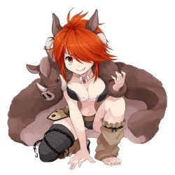Rule 34 | animal ears, breasts, chain, character request, earrings, fang, full body, fur trim, grin, jewelry, large breasts, looking at viewer, navel, necklace, official art, pelt, red eyes, red hair, simple background, single thighhigh, smile, squatting, thighhighs, white background, youkai hyakki-tan!