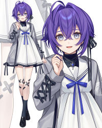 Rule 34 | 1girl, :d, ahoge, black footwear, black socks, blue bow, bow, character request, commentary request, crossed legs, dress, grey eyes, grey jacket, hair between eyes, highres, iriam, jacket, jewelry, karokuchitose, loafers, long sleeves, looking at viewer, multiple views, necklace, official art, open clothes, open jacket, open mouth, pleated dress, puffy long sleeves, puffy sleeves, purple hair, sailor collar, sailor dress, shoes, short hair, smile, socks, standing, virtual youtuber, white dress, white sailor collar, zoom layer