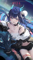 Rule 34 | 1girl, absurdres, animal, blue eyes, blue hair, breasts, chinese zodiac, choker, cleavage, collar, dark blue hair, detached collar, dragon, dragon girl, dragon horns, dragon tail, eastern dragon, full moon, fur-trimmed jacket, fur trim, happy new year, highres, horns, jacket, looking at viewer, makeup, medium breasts, moon, new year, open clothes, open jacket, open mouth, original, pointy ears, short shorts, shorts, smile, tail, tank top, teeth, thighhighs, thighs, xos shark s2, year of the dragon