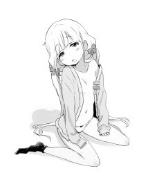 Rule 34 | 1girl, blush, bow, breasts, cardigan, commentary, full body, futaba anzu, greyscale, hair bow, idolmaster, idolmaster cinderella girls, long hair, looking at viewer, low twintails, minazuki tooru, monochrome, navel, no pants, no shoes, off shoulder, open cardigan, open clothes, open mouth, panties, romaji commentary, sitting, sleeves past wrists, small breasts, socks, solo, twintails, underwear, wariza