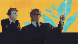 Rule 34 | 2boys, ace attorney, barok van zieks, cigarette, closed mouth, collared shirt, cross scar, formal, hand up, head rest, holding, holding cigarette, jacket, long sleeves, looking away, male focus, multiple boys, necktie, parted lips, partially colored, profile, raycrodu h, ryunosuke naruhodo, scar, scar on face, shirt, short hair, smoke, suit, the great ace attorney, upper body, vest, yellow background