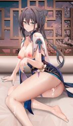 Rule 34 | 1girl, absurdres, after paizuri, aftersex, aqua eyes, aqua nails, arm support, ass, barefoot, bead necklace, beads, black hair, blue dress, blush, breasts, breasts out, chinese clothes, cleavage, closed mouth, clothing cutout, commentary, cum, cum in pussy, cum on body, cum on breasts, cum on legs, cum on upper body, double-parted bangs, dress, gold trim, hair between eyes, hair bun, highres, honkai: star rail, honkai (series), indoors, jewelry, large breasts, legs, looking at viewer, nail polish, necklace, nipples, pearl necklace, ponytail, pussy, ru zhai, ruan mei (honkai: star rail), shoulder cutout, single hair bun, sitting, skirt hold, solo, thighs, yokozuwari