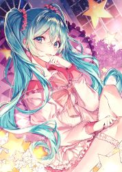 Rule 34 | 1girl, :d, absurdres, blue eyes, blue hair, dutch angle, floating hair, ggatip, hair between eyes, hair ornament, hair scrunchie, hatsune miku, highres, kneehighs, layered skirt, lol -lots of laugh- (vocaloid), long hair, long sleeves, looking at viewer, miniskirt, open mouth, pink scrunchie, red sailor collar, sailor collar, sailor shirt, scrunchie, shirt, sitting, skirt, smile, socks, solo, twintails, very long hair, vocaloid, white skirt, white socks