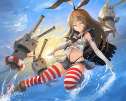 Rule 34 | &gt; &lt;, 10s, 1girl, :&lt;, blonde hair, closed eyes, cloud, colored eyelashes, crop top, dutch angle, elbow gloves, gloves, hairband, kantai collection, lifebuoy, long hair, midriff, navel, outdoors, rensouhou-chan, sailor collar, shimakaze (kancolle), skirt, sky, smile, striped clothes, striped thighhighs, sun, swim ring, taba comya, thighhighs, triangle mouth, water, white gloves, yellow eyes, | |, || ||