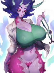 Rule 34 | 1girl, :o, breasts, coat, colored skin, convenient censoring, covered erect nipples, curvy, doctor, fumio (rsqkr), green eyes, green horns, hair up, highres, horns, huge breasts, lab coat, monster girl, multiple horns, navel, nipples, numeri (precure), precure, purple hair, sea creature, spikes, stethoscope, thick thighs, thighs, tropical-rouge! precure, white coat, wide hips