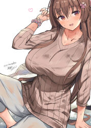 Rule 34 | 1girl, arm support, barefoot, breasts, brown eyes, brown hair, brown sweater, cherry hair ornament, collarbone, dated, flower, food-themed hair ornament, grey pants, hair between eyes, hair flower, hair ornament, highres, kantai collection, knee up, large breasts, long hair, mizuta kenji, official alternate costume, one-hour drawing challenge, open mouth, pants, ponytail, ribbed sweater, sitting, solo, sweater, twitter username, yamato (kancolle)