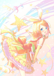 Rule 34 | 1girl, aqua eyes, back, bare shoulders, blonde hair, bow, collar, detached sleeves, dress, flat chest, frilled collar, frilled dress, frilled sleeves, frilled thighhighs, frills, hair bow, hair ornament, hairclip, hand on own cheek, hand on own face, highres, kagamine rin, layered skirt, leaning forward, leg up, looking at viewer, looking back, medium hair, nail polish, open mouth, orange bow, orange theme, petticoat, project sekai, sailor collar, shiohari kanna, skirt, sleeveless, sleeveless dress, smile, solo, standing, standing on one leg, striped clothes, striped thighhighs, thighhighs, vocaloid, wonderlands x showtime rin, yellow nails, zettai ryouiki