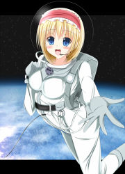 Rule 34 | 1girl, alice margatroid, bad id, bad pixiv id, blonde hair, blue eyes, highres, outstretched hand, short hair, solo, space, spacesuit, tachihaya hiro, touhou