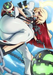 Rule 34 | 1girl, absurdres, ahoge, arc system works, ass, ball and chain restraint, blonde hair, bodysuit, breasts, candy, chain, cloud, fingernails over gloves, food, geistbox, gloves, guilty gear, guilty gear xrd, guilty gear xrd: revelator, halo, highres, hip focus, jack-o&#039; valentine, large breasts, lollipop, long hair, looking at viewer, multicolored hair, red eyes, red hair, shiny clothes, sky, smile, solo, teeth, thighs, very long hair