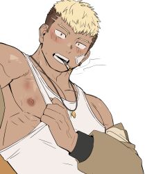 Rule 34 | 1boy, bara, bare pectorals, blonde hair, blush, bruise, cigarette, clothes pull, from below, gondom, highres, injury, jewelry, looking at viewer, male focus, multicolored hair, muscular, muscular male, necklace, nipples, original, pectorals, presenting sidepec, shirt pull, short hair, smoking, solo, sweat, tank top, thick eyebrows, two-tone hair, undercut, upper body