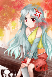 Rule 34 | &gt;:&lt;, 1girl, :&lt;, anger vein, autumn leaves, bare shoulders, blouse, breasts, cleaver, closed mouth, detached sleeves, forest, frown, grey hair, hidden star in four seasons, highres, kanonari, knees together feet apart, leaf, leaf background, log, long hair, looking at viewer, mushroom, nature, own hands together, pout, red eyes, sakata nemuno, shirt, sitting, skirt, solo, touhou, tree, v-shaped eyebrows, wavy hair