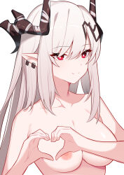 Rule 34 | 1girl, arknights, breasts, bright pupils, brown horns, chinese commentary, closed mouth, collarbone, commentary request, ear piercing, earrings, eyes visible through hair, grey hair, hair between eyes, heart, heart hands, highres, horns, jewelry, long hair, looking at viewer, medium breasts, mudrock (arknights), nipples, nude, piercing, pointy ears, red eyes, sidelocks, simple background, smile, solo, split mouth, twilight (cgkk4357), upper body, white background, white pupils