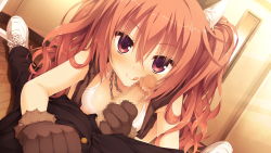 Rule 34 | 1girl, animal ears, animal hands, blush, breasts, cat ears, cat paws, censored, covered erect nipples, fake animal ears, feet, game cg, handjob, inaba meguru, kobuichi, long hair, looking at viewer, lying, muririn, naughty face, orange hair, penis, red eyes, sanoba witch, shoes, small breasts, sneakers, tongue, tongue out, twintails