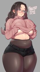 Rule 34 | 1girl, agawa ryou, belly, black shorts, blush, braid, breasts, brown hair, curvy, glasses, grabbing, grabbing own breast, huge breasts, long hair, mature female, navel, original, pantyhose, pantyhose under shorts, parted bangs, plump, short shorts, shorts, solo, sweat, thick thighs, thighs, twin braids, underboob, wide hips