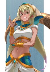Rule 34 | 1girl, arm under breasts, blonde hair, bracelet, breasts, brown eyes, commentary, dark-skinned female, dark skin, egyptian clothes, gradient hair, hair between eyes, highres, jewelry, kemono friends, king cobra (kemono friends), long hair, medium breasts, midriff, multicolored hair, navel, pants, parted lips, pink hair, smile, snake tail, solo, tail, tanabe (fueisei), usekh collar, veil, very long hair, white pants