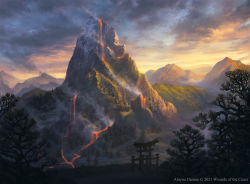 Rule 34 | alayna danner, cloud, cloudy sky, commentary, day, english commentary, highres, magic: the gathering, mountain, no humans, official art, outdoors, scenery, sky, smoke, torii, tree