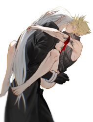Rule 34 | 2boys, anal, arm ribbon, bare legs, barefoot, black coat, black gloves, black vest, blonde hair, blush, bracer, clothed sex, cloud strife, coat, cum, cum in ass, earrings, feet, final fantasy, final fantasy vii, final fantasy vii advent children, gloves, grey hair, high collar, highres, imminent kiss, injury, jewelry, knees up, legs, lifting person, long coat, long hair, long sleeves, male focus, male penetrated, multiple boys, open clothes, open vest, red ribbon, ribbon, sephiroth, short hair, single earring, sleeveless, sleeveless turtleneck, sweat, toenails, toes, turtleneck, vest, xianyu314, yaoi