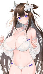 Rule 34 | 1girl, animal ears, azur lane, bandaid, bandaid on head, bare shoulders, bikini, breasts, choker, cleavage, collarbone, cow ears, cow girl, cow horns, cowboy shot, criss-cross halter, crossed bandaids, flower, hair flower, hair ornament, halterneck, highres, horns, huge breasts, kashino (azur lane), kashino (hot springs relaxation) (azur lane), looking at viewer, manya drhr, multi-strapped bikini bottom, navel, off shoulder, official alternate costume, see-through, simple background, solo, stomach, string bikini, swimsuit, white background, white bikini, white choker, white flower