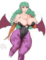Rule 34 | 1girl, animal print, aqua eyes, aqua hair, bare shoulders, bat print, bat wings, beige background, black leotard, breasts, bursting breasts, choker, clothing cutout, covered erect nipples, demon girl, elbow gloves, eyelashes, feet out of frame, female focus, fingerless gloves, gloves, half-closed eyes, hand on own chest, heart, heart cutout, highres, huge breasts, leotard, lips, long hair, looking at viewer, matching hair/eyes, morrigan aensland, navel, shiny clothes, shiny skin, shinyglute, simple background, skin tight, skindentation, solo, thick lips, thick thighs, thighs, vampire (game), wide hips, wings