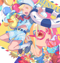 Rule 34 | 2boys, :d, aged down, alphonse elric, alternate costume, aqua outline, backlighting, balloon, belt, black footwear, black outline, blonde hair, blue sailor collar, brothers, child, collarbone, colorful, cream, edward elric, emmmerald, expressionless, fingernails, flower, food, full body, fullmetal alchemist, hand up, happy, hat, head tilt, holding, holding food, holding swim ring, ice cream, ice cream cone, innertube, jumping, lifebuoy, looking at viewer, looking to the side, male focus, multicolored background, multiple boys, navel, neckerchief, open mouth, outline, oversized object, oxfords, plumeria, polka dot, polka dot background, red-framed eyewear, red flower, red neckerchief, rubber duck, sailor collar, sailor hat, shadow, shoes, shorts, siblings, smile, socks, sprinkles, stomach, sunglasses, swim ring, teeth, upper teeth only, white background, white flower, white headwear, white legwear, white shorts, yellow background, yellow eyes