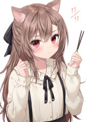 Rule 34 | 1girl, animal ear fluff, animal ears, black bow, black skirt, blush, bow, brown hair, closed mouth, collared shirt, dated, dress shirt, food, hair between eyes, hair bow, hair ornament, hairclip, hands up, heart, heart hair ornament, holding, holding food, long hair, long sleeves, looking at viewer, nina (yumoran), original, pocky, pocky day, puffy long sleeves, puffy sleeves, red eyes, revision, shirt, simple background, skirt, sleeves past wrists, solo, suspender skirt, suspenders, twitter username, upper body, very long hair, white background, white shirt, yumoran