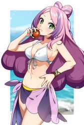 Rule 34 | 1girl, alternate costume, bikini, border, bracelet, breasts, cleavage, closed mouth, collarbone, commentary request, cowboy shot, creatures (company), eyelashes, game freak, green eyes, hand on own hip, hand up, highres, holding, holding poke ball, jewelry, long hair, looking at viewer, medium breasts, miriam (pokemon), nail polish, navel, nintendo, pink hair, poke ball, poke ball (basic), pokemon, pokemon sv, sarong, solo, swimsuit, white bikini, white border, yellow bikini, yellow nails, yuihico