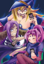 Rule 34 | 3girls, artist request, blonde hair, breasts, creepy, cyber dragon infinity, dark magician girl, dress, evil smile, green eyes, happy, hat, head wings, large breasts, looking at viewer, magical girl, magician of faith, multiple girls, open mouth, parody, ponytail, sharp teeth, shiny skin, smile, teeth, what, wings, witch hat, witch of the black forest, yu-gi-oh!