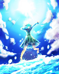 Rule 34 | 1girl, arm behind back, arms up, bakuha, bare legs, barefoot, blue dress, blue hair, blue sky, cloud, cloudy sky, dress, from behind, hair bobbles, hair ornament, hand on own head, hat, highres, holding, holding clothes, holding hat, jumping, kawashiro nitori, light rays, ocean, outstretched arm, short hair, skirt, skirt set, sky, soles, solo, standing, standing on liquid, sunbeam, sunlight, touhou, twintails, two side up, water, waves, wet