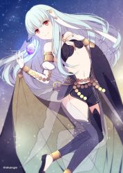 Rule 34 | 1girl, artist request, bad id, bad twitter id, bare shoulders, blue hair, blush, breasts, cosplay, fire emblem, fire emblem: the blazing blade, fire emblem awakening, fire emblem heroes, hair ornament, hairband, highres, jewelry, long hair, looking at viewer, midriff, navel, ninian, nintendo, olivia (fire emblem), olivia (fire emblem) (cosplay), red eyes, small breasts, smile, solo, white hair
