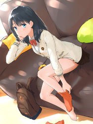 Rule 34 | 1girl, bag, black hair, black skirt, blue eyes, blush, breasts, cardigan, couch, from above, gridman universe, highres, keroroxzz, long hair, long sleeves, looking at viewer, miniskirt, orange legwear, pillow, pleated skirt, school uniform, scrunchie, unworn scrunchie, sitting, skirt, solo, ssss.gridman, takarada rikka, thighs, yellow scrunchie