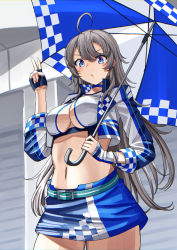 Rule 34 | 1girl, ahoge, aqua belt, belt, black gloves, blue eyes, blue skirt, blush, breasts, cleavage, cowboy shot, fingerless gloves, gloves, grey hair, hair between eyes, highres, holding, holding umbrella, jacket, kantai collection, large breasts, long hair, long sleeves, mayura (lucadia), navel, official alternate costume, open clothes, open jacket, parted lips, race queen, skirt, solo, umbrella, washington (kancolle), white jacket
