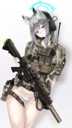 Rule 34 | 1girl, alternate costume, american flag, animal ear fluff, animal ears, assault rifle, belt, blue archive, blue eyes, bulletproof vest, camouflage, cat ears, chest rig, combat shirt, commentary request, ear protection, eotech, expressionless, fte (fifteen 199), gun, hair between eyes, halo, handgun, head tilt, headset, highres, holding, holding gun, holding weapon, holster, holstered, laser sight, looking at viewer, m4 carbine, magazine (weapon), medium hair, microphone, military, military uniform, mk 18 carbine, no pants, optical sight, panties, patch, bulletproof vest, radio, radio antenna, rifle, shiroko (blue archive), sidelocks, simple background, sleeves rolled up, solo, stomach, suppressor, thigh holster, thighs, underwear, uniform, weapon, weapon request, white background, white hair, white panties, wolf ears, wolf girl, woodland camouflage
